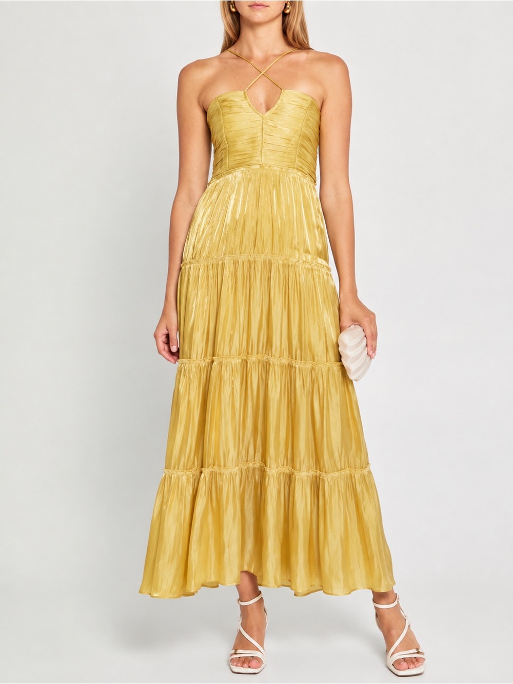 Strapless Shimmer Tiered Midi Dress in Gold